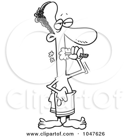 Royalty-Free (RF) Clip Art Illustration of a Cartoon Black And White Outline Design Of A Black Man Brushing His Teeth by toonaday
