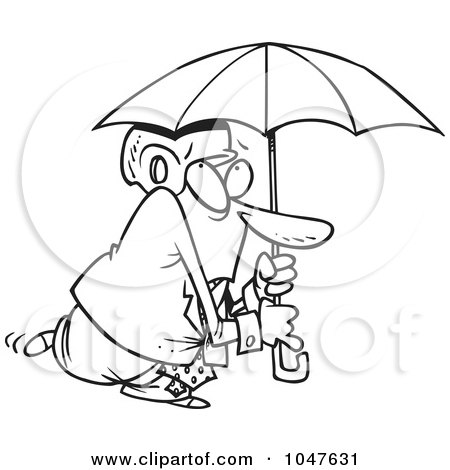 Royalty-Free (RF) Clip Art Illustration of a Cartoon Black And White Outline Design Of A Paranoid Businessman Wearing A Helmet Under An Umbrella by toonaday