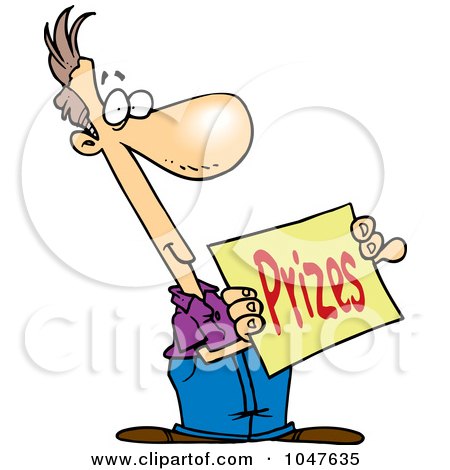 Royalty-Free (RF) Clip Art Illustration of a Cartoon Man Holding A Prizes Sign by toonaday