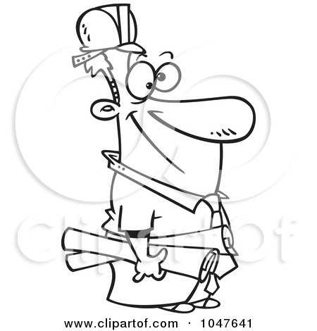 Royalty-Free (RF) Clip Art Illustration of a Cartoon Black And White Outline Design Of A Construction Manager by toonaday