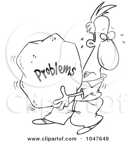 Royalty-Free (RF) Clip Art Illustration of a Cartoon Black And White Outline Design Of A Man Carrying A Heavy Problem Rock by toonaday