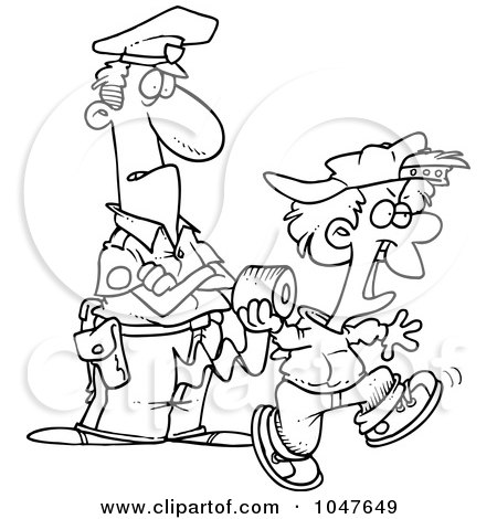 Royalty-Free (RF) Clip Art Illustration of a Cartoon Black And White Outline Design Of A Cop Watching A Boy Throw Toilet Paper by toonaday
