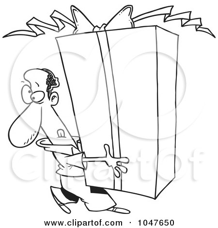 Royalty-Free (RF) Clip Art Illustration of a Cartoon Black And White Outline Design Of A Black Man Holding A Giant Gift by toonaday