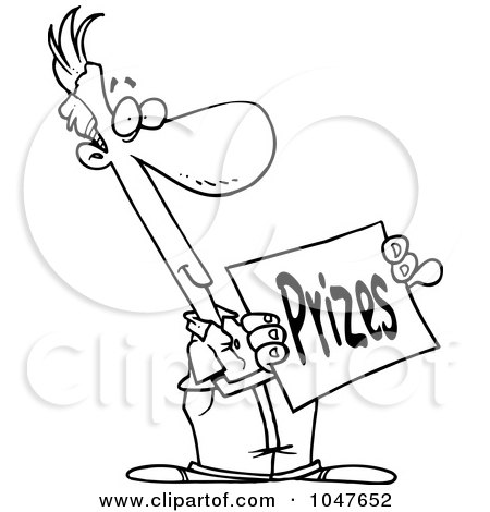 Royalty-Free (RF) Clip Art Illustration of a Cartoon Black And White Outline Design Of A Man Holding A Prizes Sign by toonaday