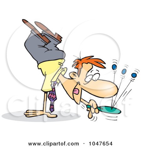 Royalty-Free (RF) Clip Art Illustration of a Cartoon Businessman Doing A Handstand And Playing Paddle Ball by toonaday