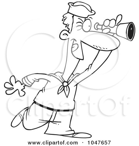 Royalty-Free (RF) Clip Art Illustration of a Cartoon Black And White Outline Design Of A Sailoor Using A Spyglass by toonaday