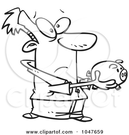 Royalty-Free (RF) Clip Art Illustration of a Cartoon Black And White Outline Design Of A Man Holding Out A Piggy Bank by toonaday