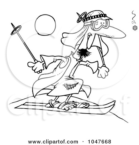 Royalty-Free (RF) Clip Art Illustration of a Cartoon Black And White Outline Design Of A Guy Sand Skiing by toonaday