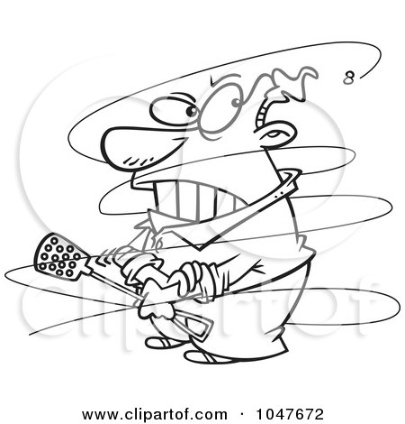 Royalty-Free (RF) Clip Art Illustration of a Cartoon Black And White Outline Design Of A Fly Annoying A Guy by toonaday