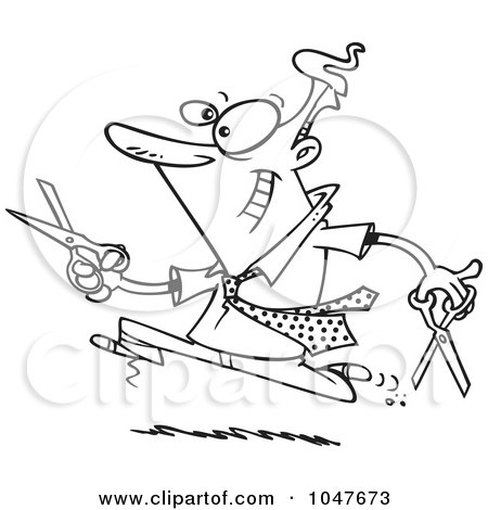 Royalty-Free (RF) Clip Art Illustration of a Cartoon Black And White Outline Design Of A Businessman Running With Scissors by toonaday