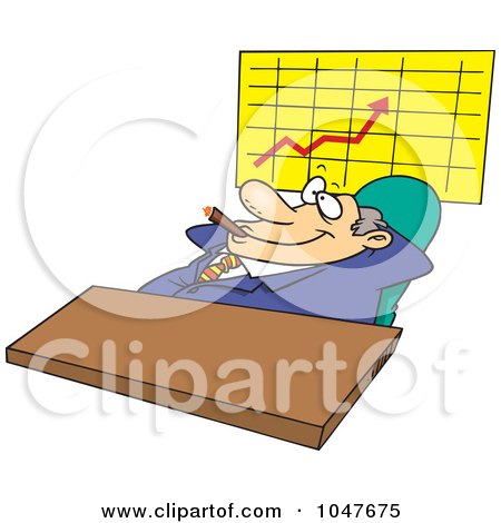 Royalty-Free (RF) Clip Art Illustration of a Cartoon Satisfied Businessman Smoking A Cigar By A Chart by toonaday