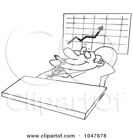 Royalty-Free (RF) Clip Art Illustration of a Cartoon Black And White Outline Design Of A Satisfied Businessman Smoking A Cigar By A Chart by toonaday