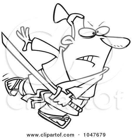 Royalty-Free (RF) Clip Art Illustration of a Cartoon Black And White Outline Design Of A Samurai With A Sword by toonaday