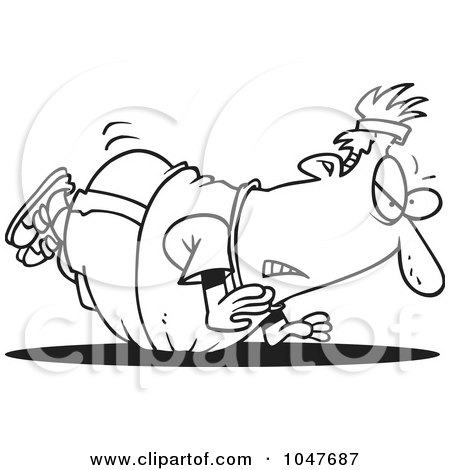 Royalty-Free (RF) Clip Art Illustration of a Cartoon Black And White Outline Design Of A Fat Man Doing Pushups by toonaday
