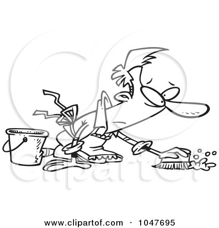 Royalty-Free (RF) Clip Art Illustration of a Cartoon Black And White Outline Design Of A Guy Scrubbing A Floor by toonaday