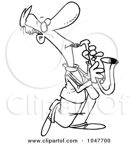 Royalty-Free (RF) Clip Art Illustration of a Cartoon Black And White Outline Design Of A Sax Player by toonaday