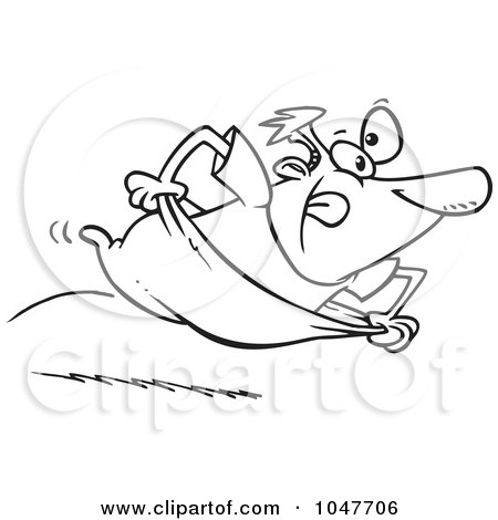 Royalty-Free (RF) Clip Art Illustration of a Cartoon Black And White Outline Design Of A Guy Sack Racing by toonaday