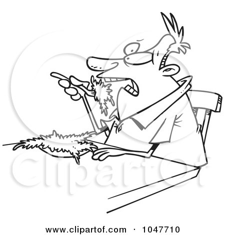 Royalty-Free (RF) Clip Art Illustration of a Cartoon Black And White Outline Design Of A Guy Eating Salad by toonaday