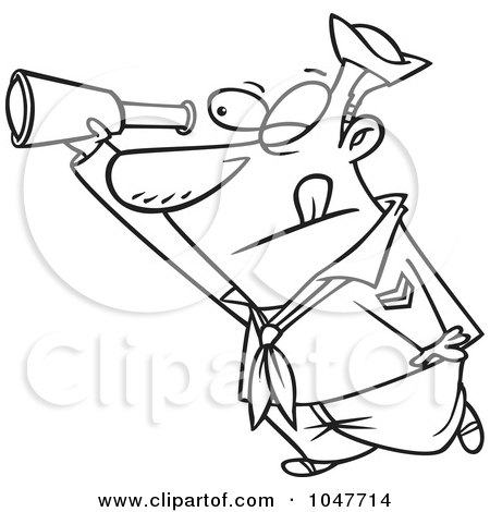 Royalty-Free (RF) Clip Art Illustration of a Cartoon Black And White Outline Design Of A Sailor Using A Telescope by toonaday