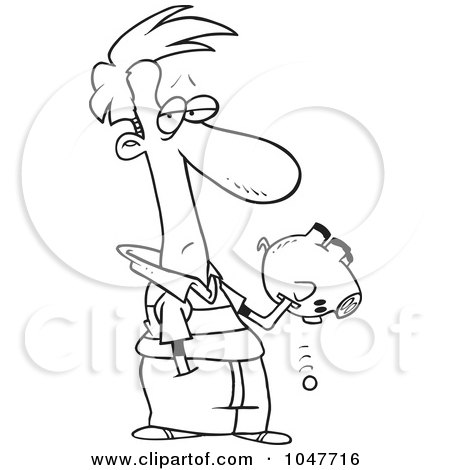 Royalty-Free (RF) Clip Art Illustration of a Cartoon Black And White Outline Design Of A Guy Reaching Into His Piggy Bank by toonaday
