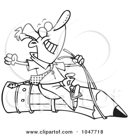 Royalty-Free (RF) Clip Art Illustration of a Cartoon Black And White Outline Design Of A Satisfied Businessman Riding A Pencil by toonaday