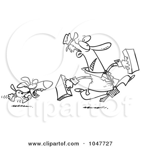 Royalty-Free (RF) Clip Art Illustration of a Cartoon Black And White Outline Design Of A Dog Chasing A Salesman by toonaday