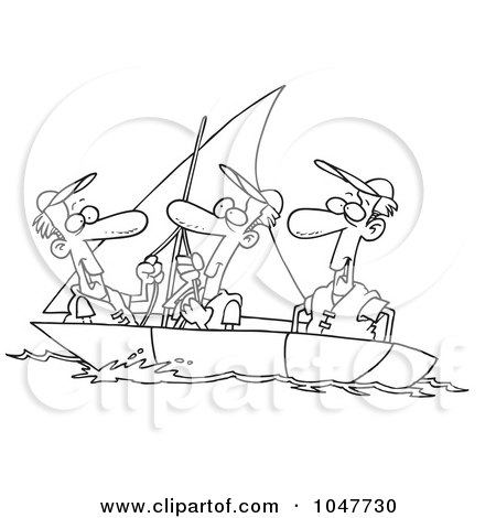 Royalty-Free (RF) Clip Art Illustration of a Cartoon Black And White Outline Design Of Guys Sailing by toonaday