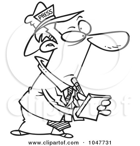 Royalty-Free (RF) Clip Art Illustration of a Cartoon Black And White Outline Design Of A Man From The Press Writing Down Notes by toonaday