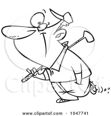 Royalty-Free (RF) Clip Art Illustration of a Cartoon Black And White Outline Design Of A Golfing Guy by toonaday