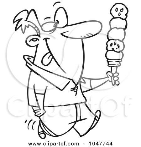 Royalty-Free (RF) Clip Art Illustration of a Cartoon Black And White Outline Design Of A Guy With Lots Of Ice Cream Scoops by toonaday