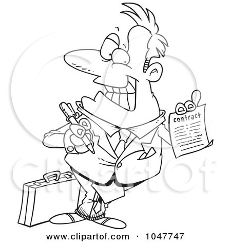Royalty-Free (RF) Clip Art Illustration of a Cartoon Black And White Outline Design Of A Salesman Holding A Contract by toonaday