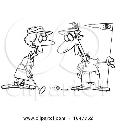 Royalty-Free (RF) Clip Art Illustration of a Cartoon Black And White Outline Design Of A Retired Couple Golfing by toonaday