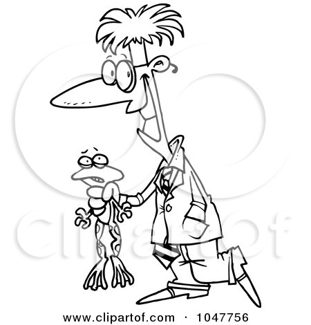 Royalty-Free (RF) Clip Art Illustration of a Cartoon Black And White Outline Design Of A Scientist Holding A Frog by toonaday