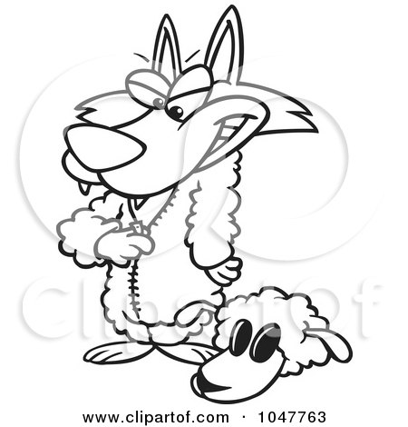 Royalty-Free (RF) Clip Art Illustration of a Cartoon Black And White Outline Design Of A Wolf Dressing In Sheeps Clothing by toonaday