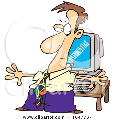 Royalty-Free (RF) Clip Art Illustration of a Cartoon Businessman Shielding Confidential Information On A Computer by toonaday