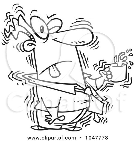 Royalty-Free (RF) Clip Art Illustration of a Cartoon Black And White Outline Design Of A Shaky Businessman With Coffee by toonaday