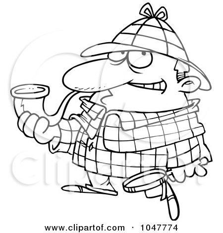 Royalty-Free (RF) Clip Art Illustration of a Cartoon Black And White Outline Design Of Sherlock Holmes by toonaday
