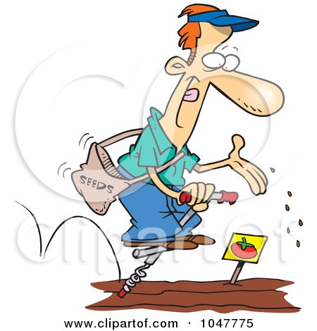 Royalty-Free (RF) Clip Art Illustration of a Cartoon Guy Seeding His Garden On A Pogo Stick by toonaday