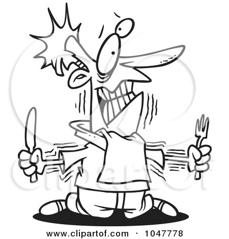 Royalty-Free (RF) Clip Art Illustration of a Cartoon Black And White Outline Design Of A Hungry Man With No Self Control by toonaday