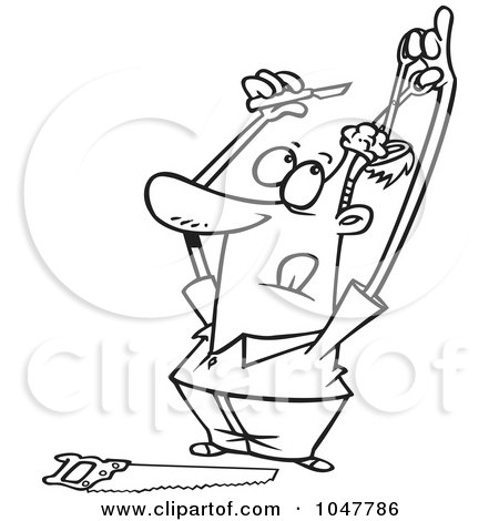 Royalty-Free (RF) Clip Art Illustration of a Cartoon Black And White Outline Design Of A Guy Doing His Own Brain Surgery by toonaday
