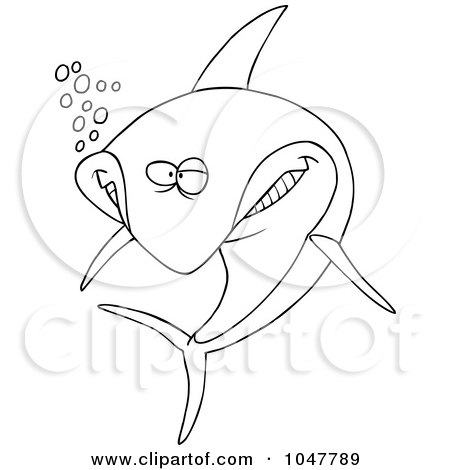 Royalty-Free (RF) Clip Art Illustration of a Cartoon Black And White Outline Design Of A Happy Shark by toonaday