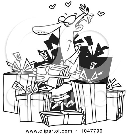 Royalty-Free (RF) Clip Art Illustration of a Cartoon Black And White Outline Design Of A Guy Giving Himself Gifts by toonaday