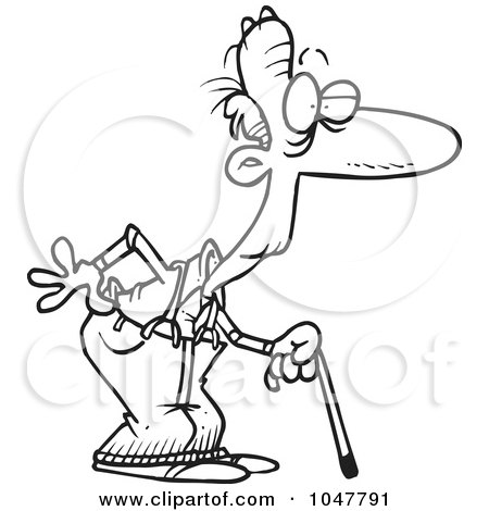 Royalty-Free (RF) Clip Art Illustration of a Cartoon Black And White Outline Design Of A Geezer With A Cane by toonaday