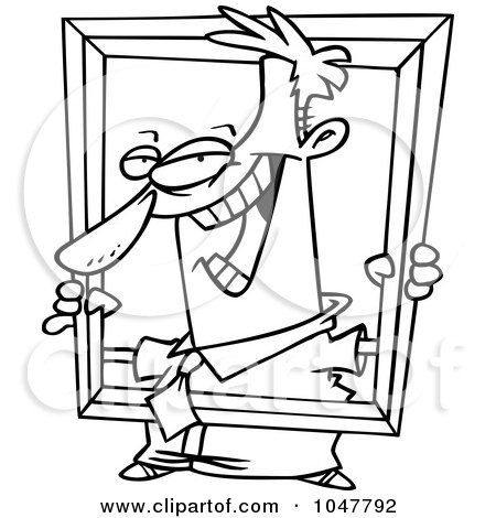 Royalty-Free (RF) Clip Art Illustration of a Cartoon Black And White Outline Design Of A Businessman Holding Up A Frame by toonaday