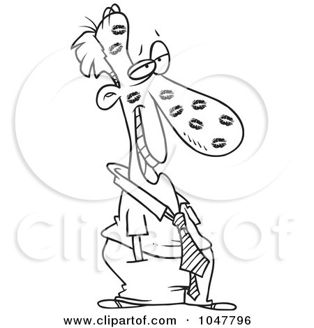 Royalty-Free (RF) Clip Art Illustration of a Cartoon Black And White Outline Design Of A Sheepish Businessman Covered In Kisses by toonaday