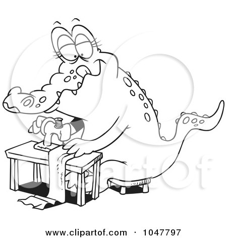 Royalty-Free (RF) Clip Art Illustration of a Cartoon Black And White Outline Design Of A Sewing Alligator by toonaday