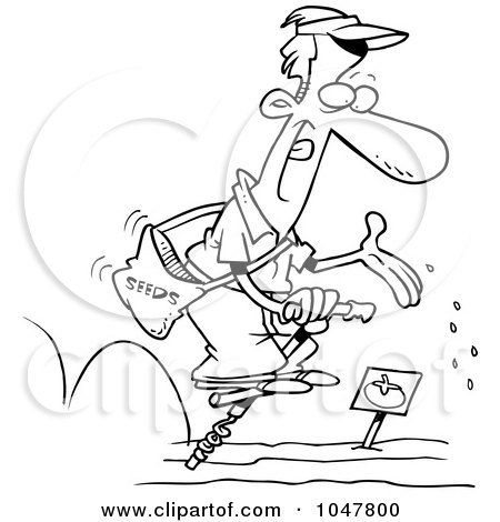 Royalty-Free (RF) Clip Art Illustration of a Cartoon Black And White Outline Design Of A Guy Seeding His Garden On A Pogo Stick by toonaday
