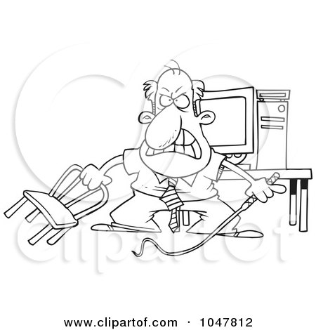 Royalty-Free (RF) Clip Art Illustration of a Cartoon Black And White Outline Design Of A Businessman Holding A Whip In Front Of His Computer by toonaday