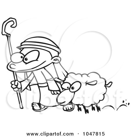 Royalty-Free (RF) Clip Art Illustration of a Cartoon Black And White Outline Design Of A Shepherd And Sheep by toonaday