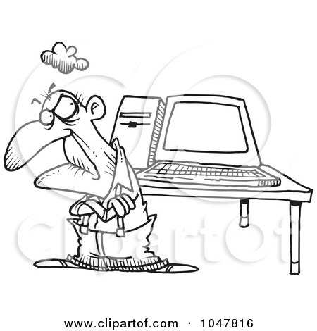 Royalty-Free (RF) Clip Art Illustration of a Cartoon Black And White Outline Design Of An Old Geezer With A Computer by toonaday